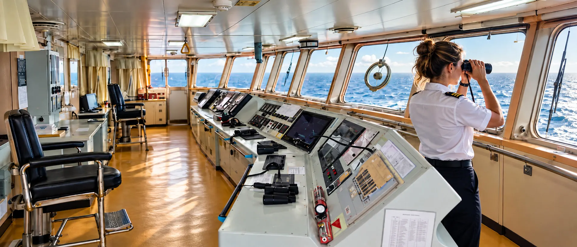A deck officer keeping a navigational watch, at the bridge window with binoculars.