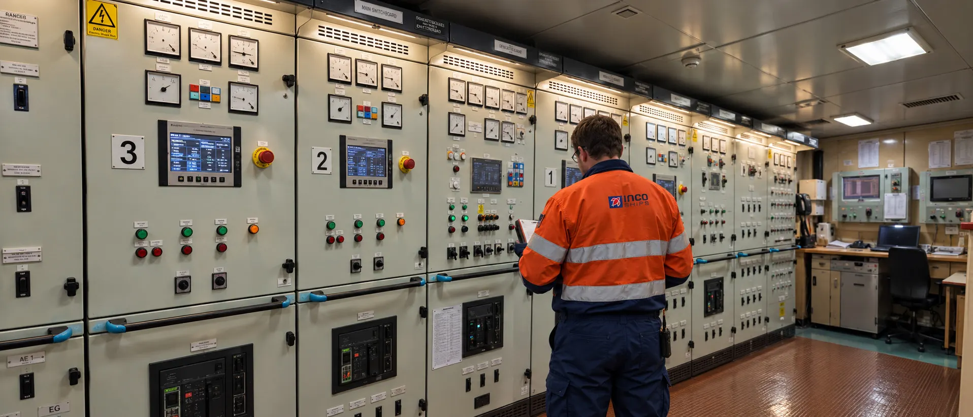 An engineer taking readings at the main switchboard, the three generator panels in front of him.