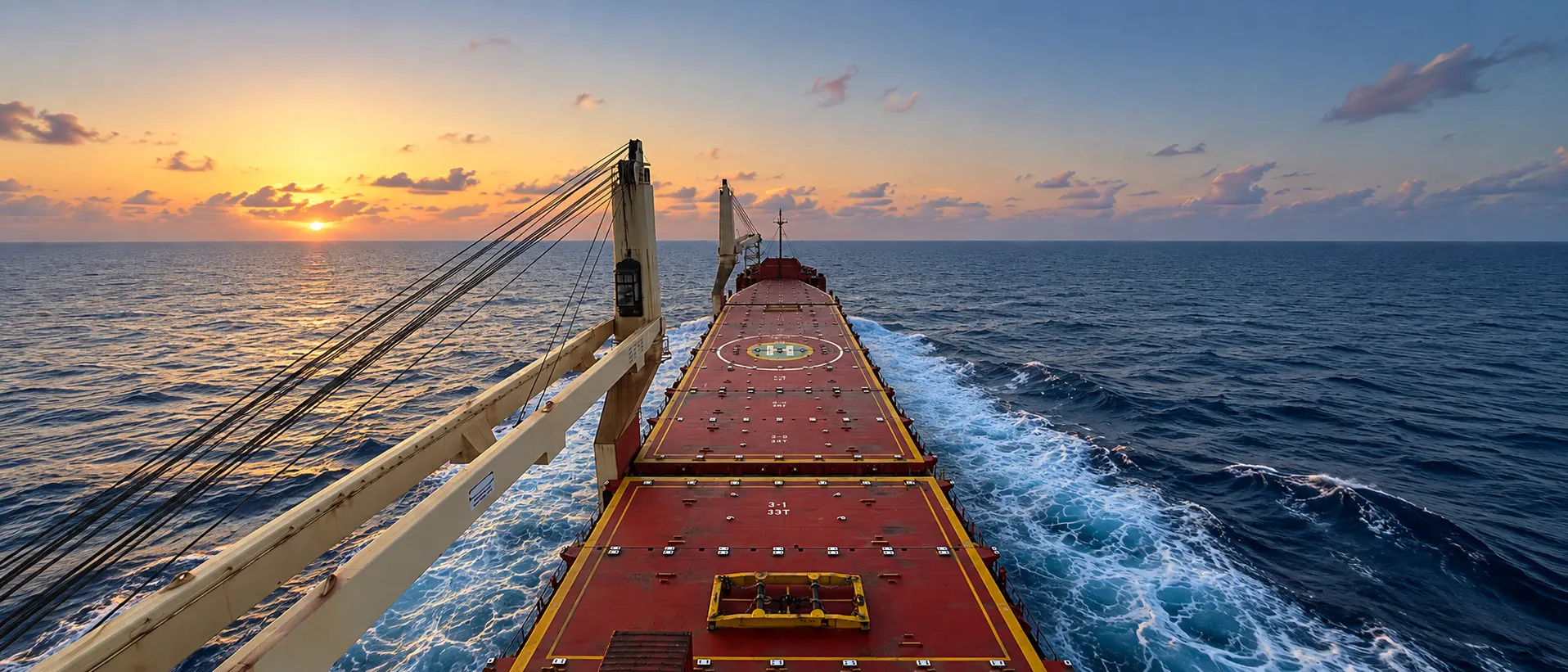 A geared bulk carrier under way at sunset, seen forward along her hatch covers with the sea running down both sides.