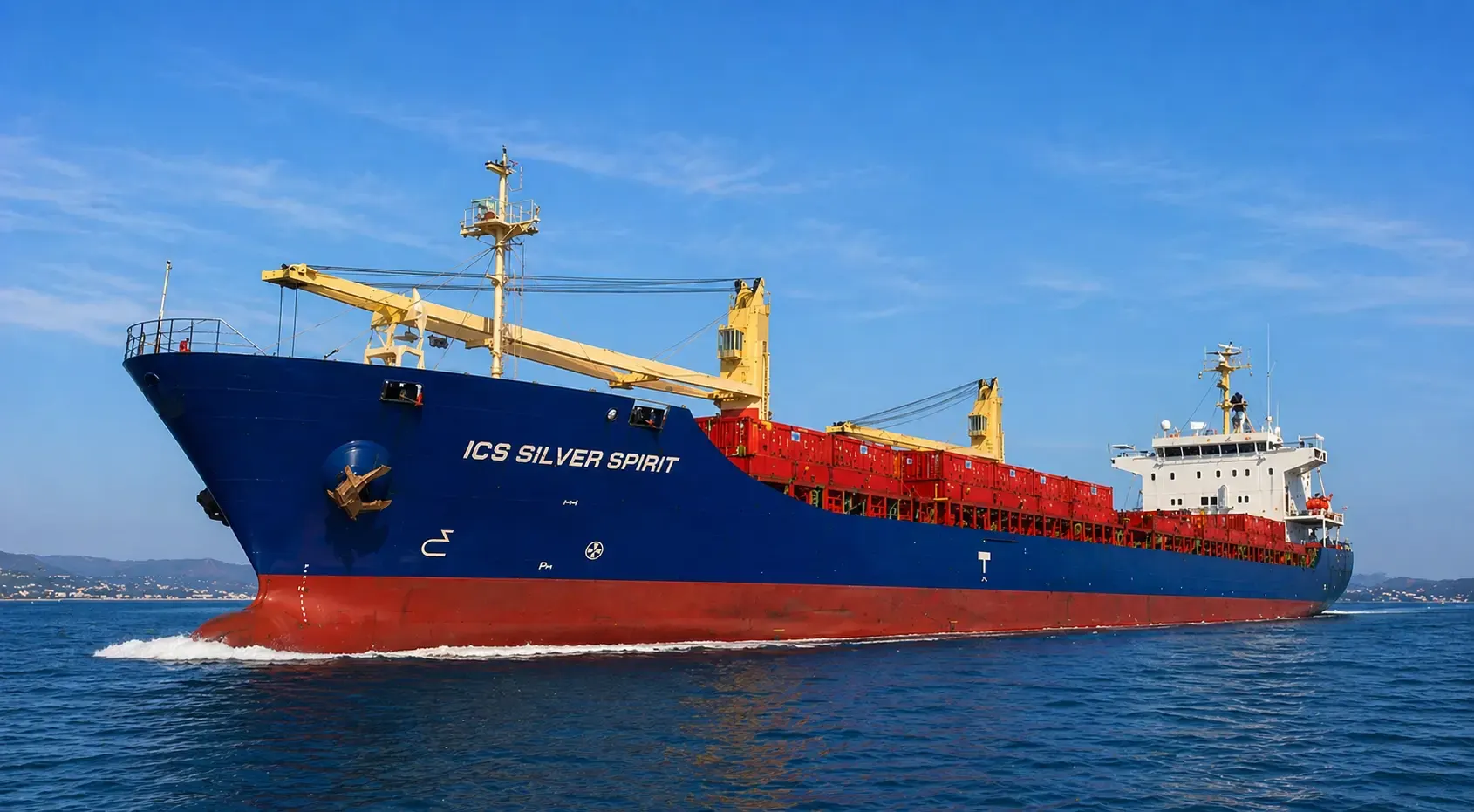 ICS Silver Spirit under way, viewed from the starboard bow