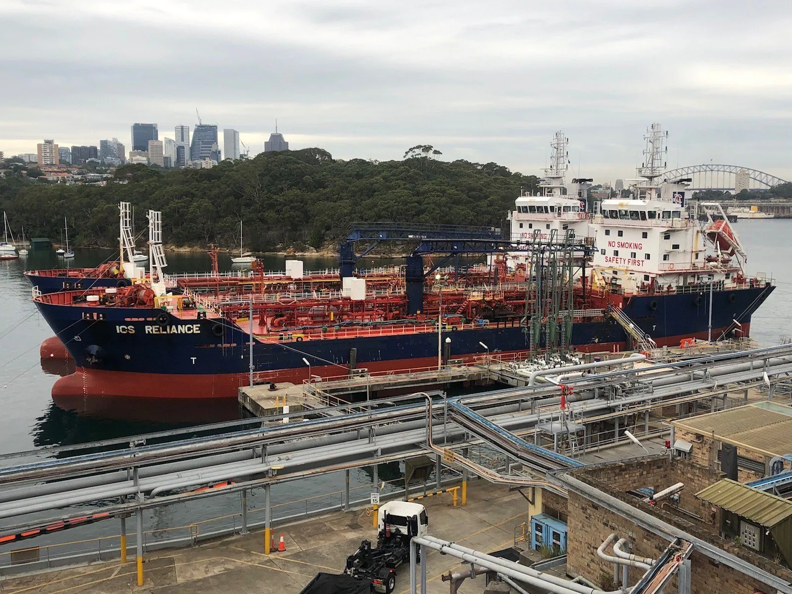 ICS Reliance and a sister tanker alongside in Sydney, with the Harbour Bridge behind